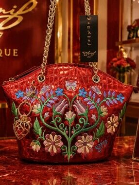 Sharif Elegant Red Embroidered Croc Embossed Bag RARE - NWT